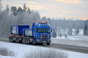 Image showing Blue Scania Gravel Truck at Winter Dusktime