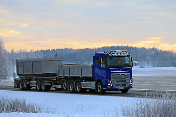 Image showing Blue Volvo FH Gravel Truck at Winter Dusk
