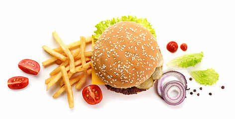 Image showing burger and fried potatoes