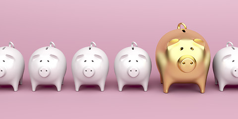 Image showing Row with piggy banks on pink background