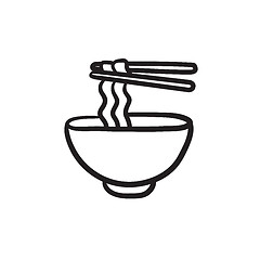 Image showing Bowl of noodles with pair chopsticks sketch icon.