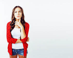 Image showing young pretty stylish hipster girl posing emotional isolated on w