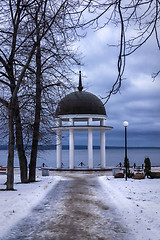 Image showing Path to rotunda on lake in winter