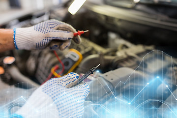 Image showing auto mechanic man with multimeter testing battery