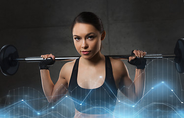 Image showing young woman flexing muscles with barbell in gym