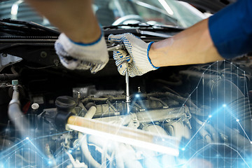 Image showing mechanic man with wrench repairing car at workshop