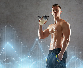 Image showing young man or bodybuilder with protein shake bottle