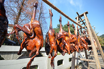 Image showing Rows of cured meat hanging to dry