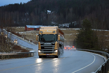 Image showing Scania Semi Tanker Trucking in Rain