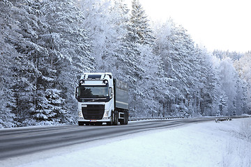 Image showing Winter Landscape with White Volvo FH Truck