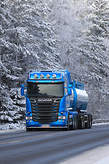 Image showing Blue Scania Tank Truck On Winter Highway