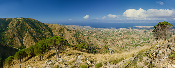 Image showing Panoramic view from Aspromonte in Calabria on Messina and Etna t