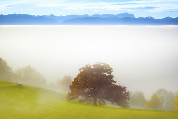 Image showing landscape covered in fog with the alps in the background