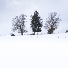 Image showing a snow covered landscape with three huts