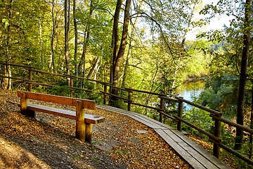 Image showing wooden bench in mountain park