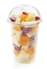 Image showing fresh fruit pieces salad in plastic cup