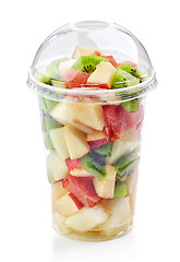 Image showing fresh fruit pieces salad in plastic cup