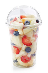 Image showing fresh fruit pieces salad in plastic cup