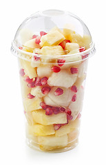 Image showing fresh fruit pieces salad in plastic cup