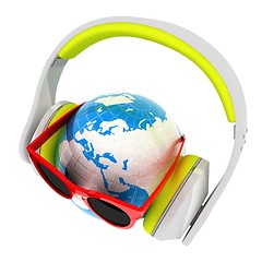 Image showing Earth planet with earphones and sunglasses. 3d illustration