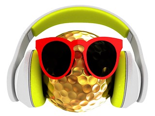 Image showing Gold Golf Ball With Sunglasses and headphones. 3d illustration