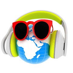 Image showing Earth planet with earphones and sunglasses. 3d illustration