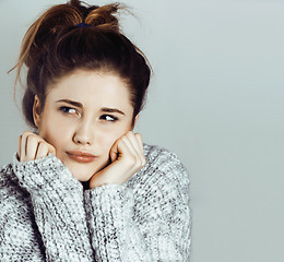 Image showing beauty young real woman in sweater at winter warmed up, cheerful