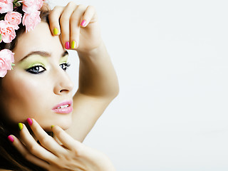 Image showing Beauty young woman with flowers and make up close up, real spring beauty girl floral pink manicure