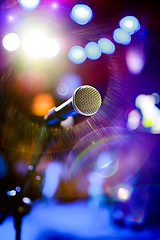 Image showing Microphone on stage against a background of auditorium.