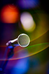 Image showing Microphone on stage against a background of auditorium.