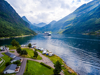 Image showing Geiranger fjord, Norway aerial photography.