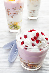 Image showing Homemade yogurt meal with fruits, selective focus. Light healthy food concept.