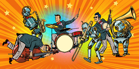 Image showing jazz rock n roll band of humans and robots