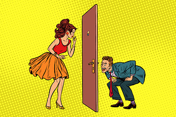 Image showing man and woman looking through a door, peephole and keyhole