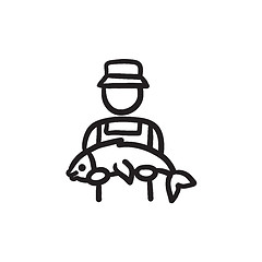 Image showing Fisherman with big fish sketch icon.