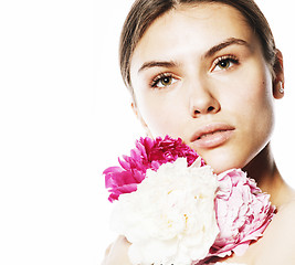 Image showing young beauty woman with flower peony pink closeup makeup soft te