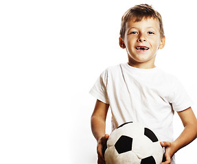 Image showing little cute boy playing football ball isolated on white close up