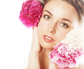 Image showing young beauty woman with flower peony pink closeup makeup soft te