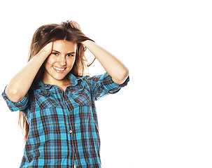 Image showing young pretty woman posing on white background isolated emotional