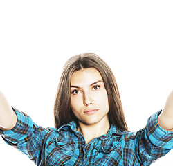 Image showing cute teenage girls making selfie isolated