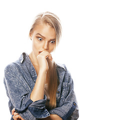 Image showing young blond woman on white backgroung gesture thumbs up, isolate