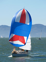 Image showing Sailboat running with the wind under spinnaker