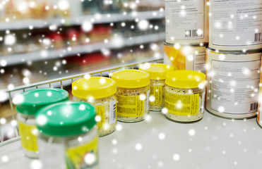 Image showing jars with food or spices at grocery shelf