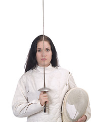 Image showing Young Woman in Fencing Jacket with Foil and Mask