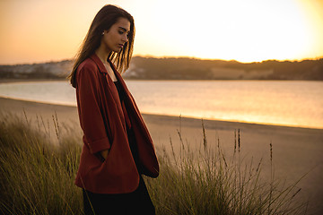 Image showing Portrait of a beautiful woman on the beach