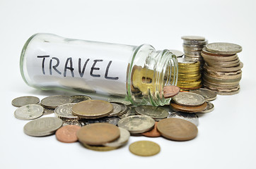 Image showing Travel lable in a glass jar with coins spilling out