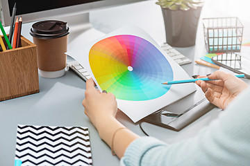 Image showing The gray desk with laptop, notepad with blank sheet, pot of flower, stylus and tablet for retouching