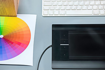 Image showing The gray desk with laptop, notepad with blank sheet, pot of flower, stylus and tablet for retouching