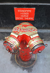 Image showing Red and gold siamese standpipe 