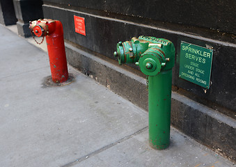 Image showing Red and green siamese standpipes